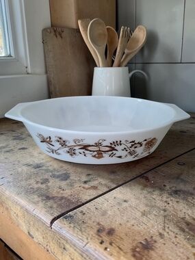 White Milk Glass Serving Bowl with Brown Floral Pattern